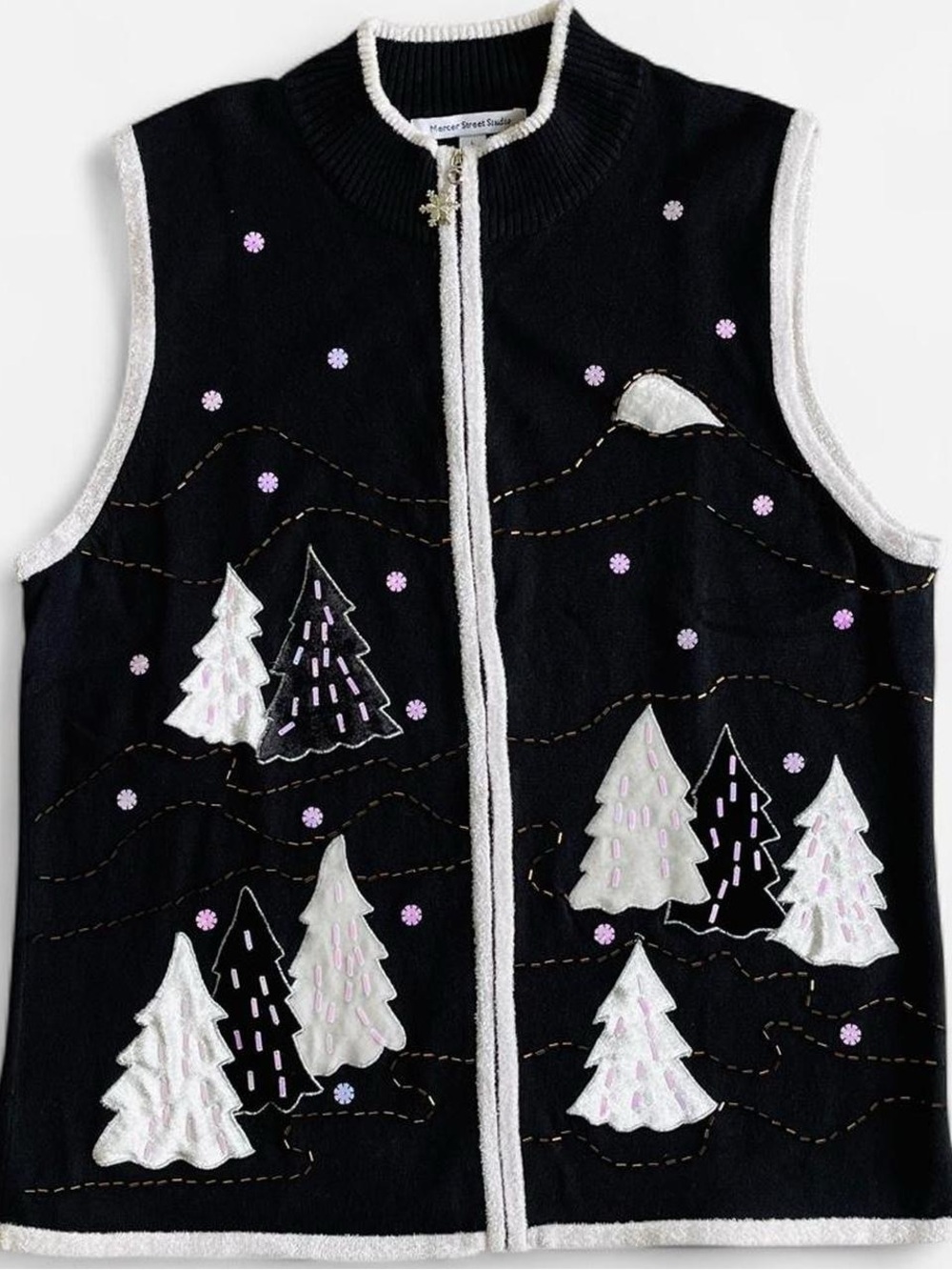 Mercer Street Studio Black Lightweight Zippered Holiday Christmas Sweater Vest